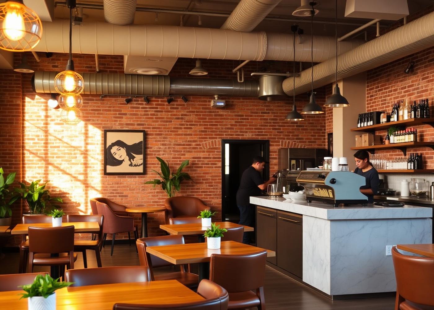 Indee's Sip café interior with brick walls and warm lighting