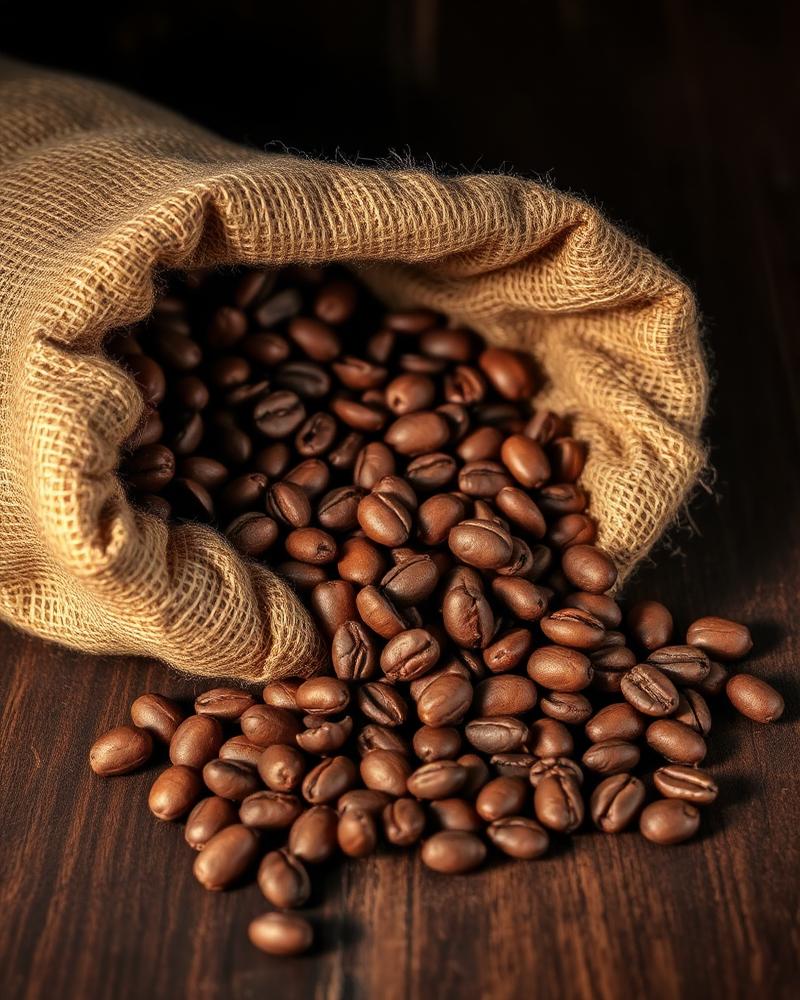 Roasted coffee beans spilling from a burlap sack