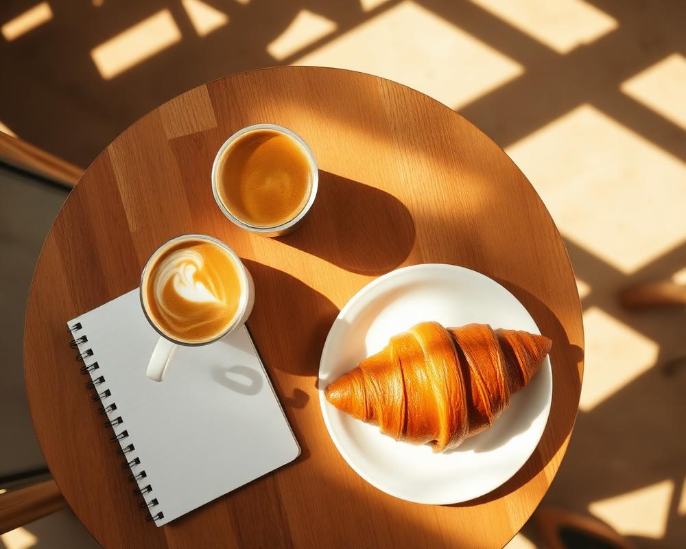 Overhead café table with coffee and pastry