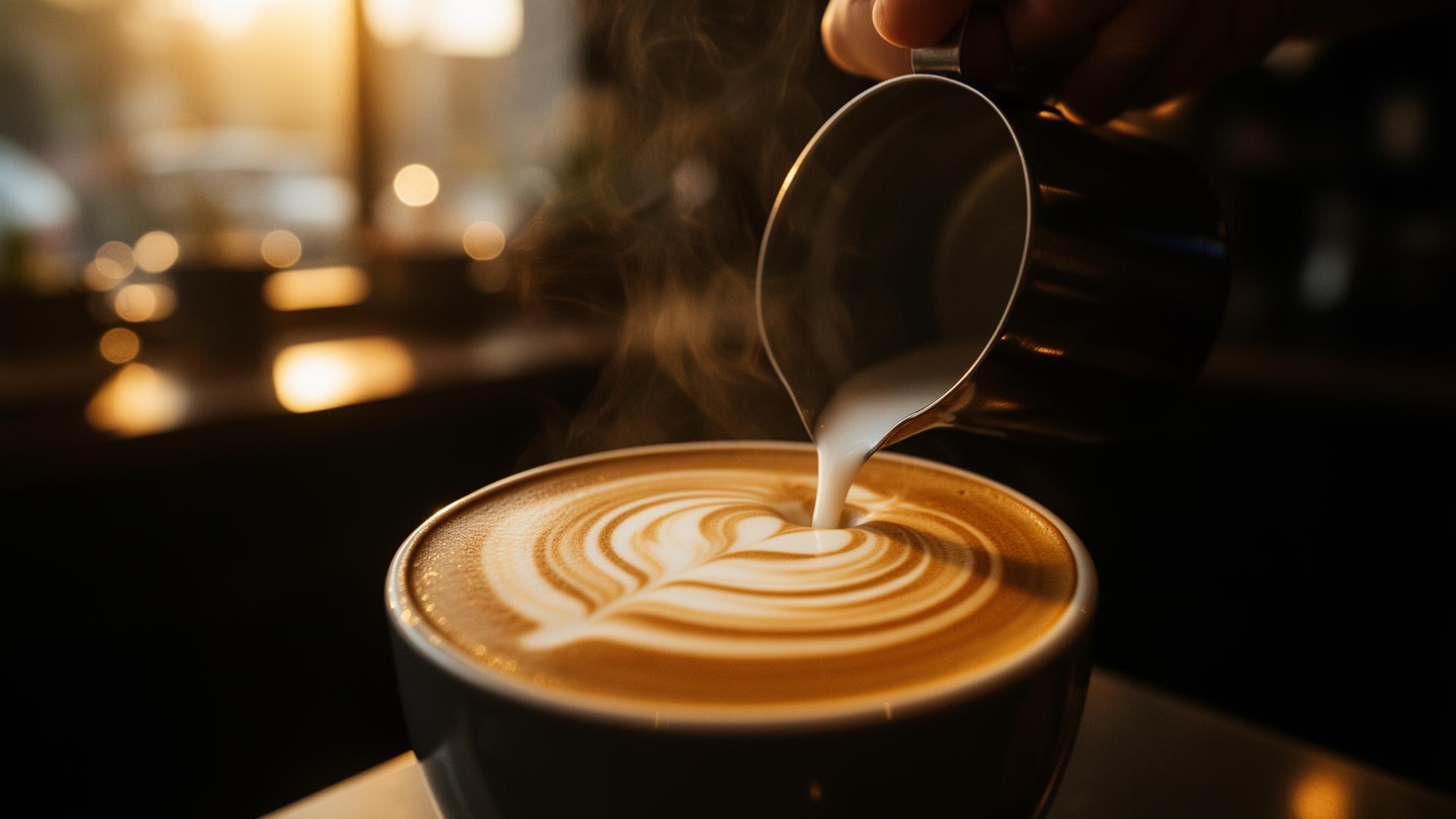 Barista pouring latte art into a steaming cup